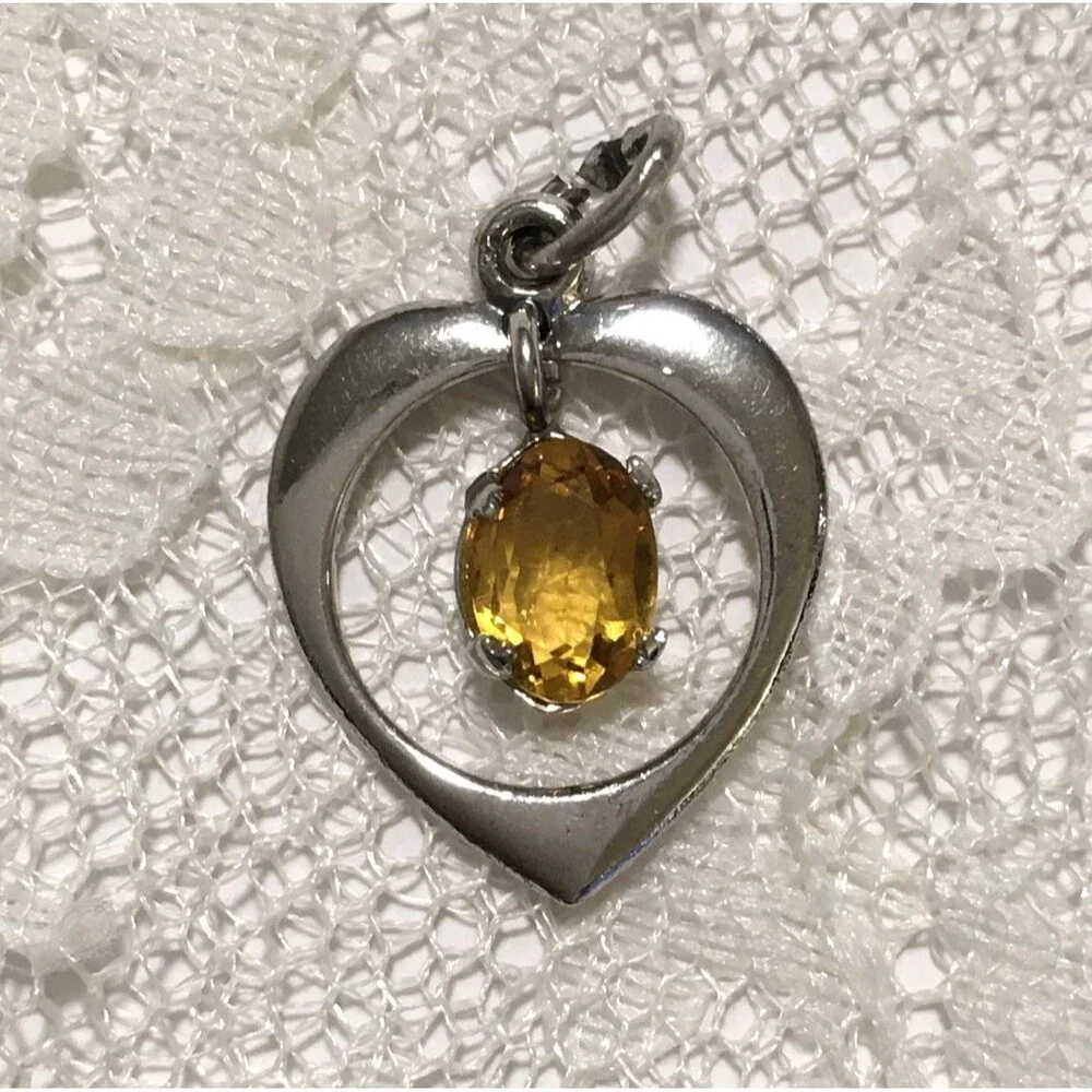 Vintage Citrine Gemstone Sterling Silver Heart Pendant / Charm